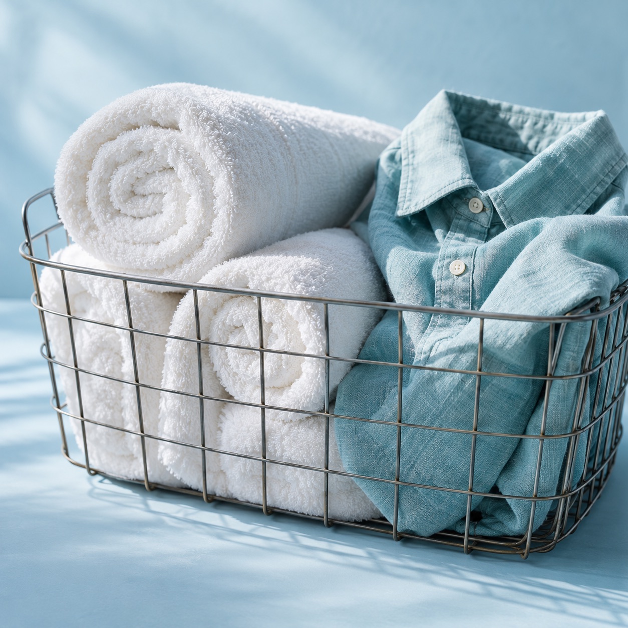 Illustrative still life of white towels and a teal shirt in a basket